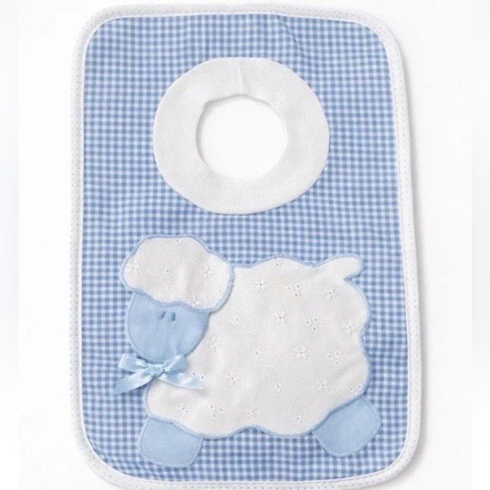 NEW Mullin Square Kids! Baby Boy Blue Gingham Lamb Appliqué Terry Bib